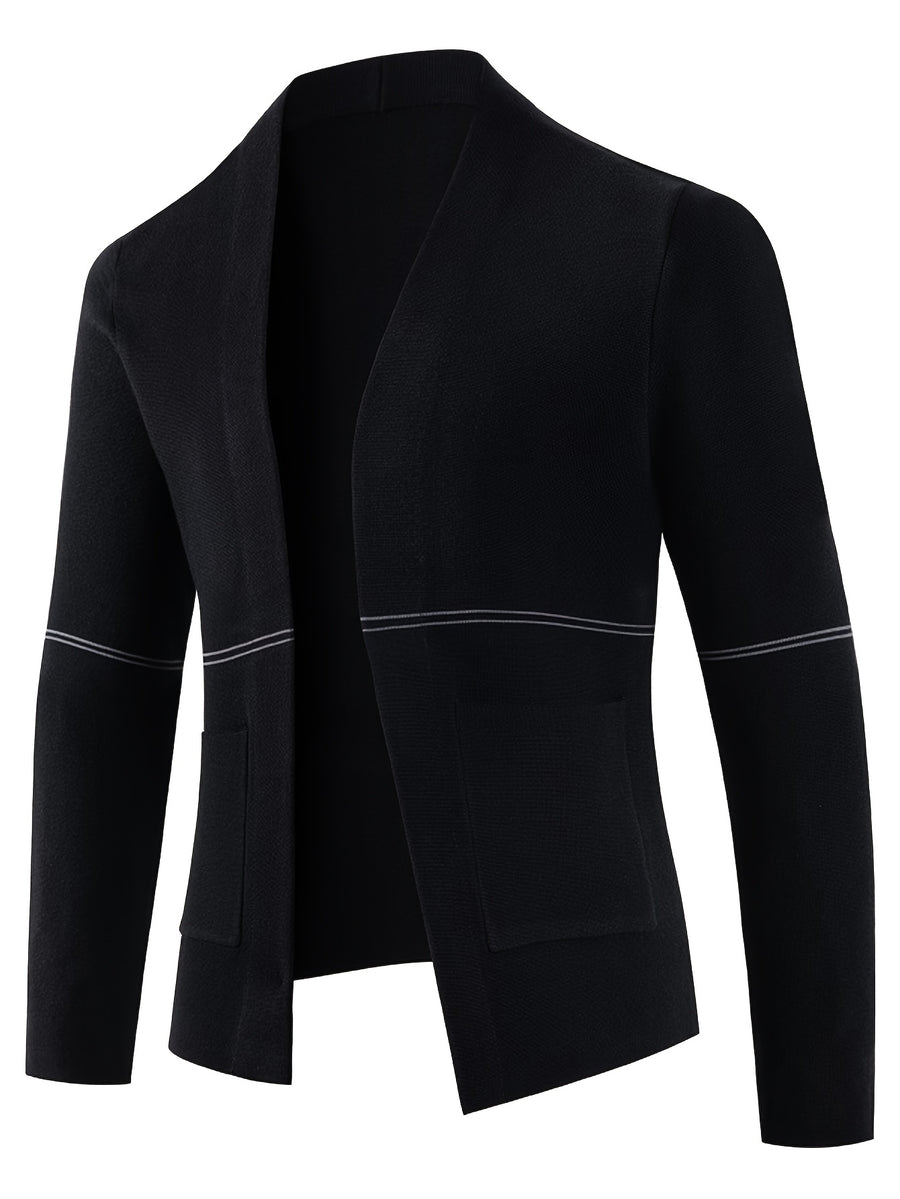 Solid Color Men'S Cardigan for Autumn And Winter, Featuring a V-Neck Design, Stylish Slim Fit, Versatile for Business And Casual Wear, Soft And Comfortable with a Three-Dimensional Shape, Long Sleeves, Pockets, And Warm Knitted Fabric - Black