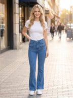 5062 1pc New Spring & Autumn Latin American Style High Waist Stretch Flare Jeans with Front Pockets, Classic Light Blue, Slim Casual & Versatile Fashion Denim Pants - Light Blue