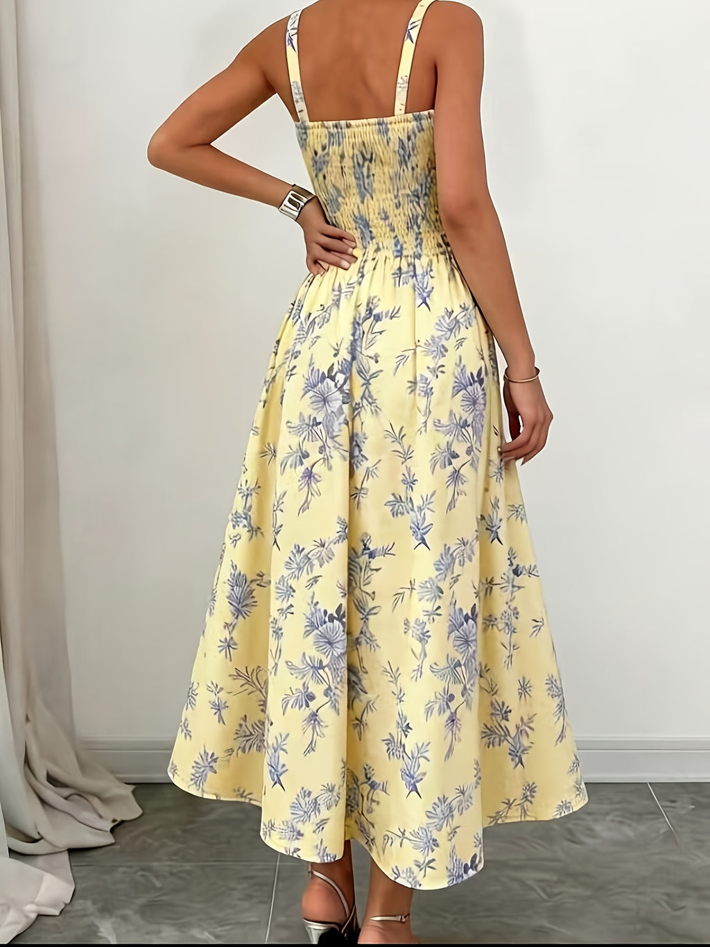 Trendy Women'S Floral Pastoral Style Core Holiday Tea Party Dress, Niche Design, Cinched Waist, Flared Hem Elegant Mid-Length Dress - Yellow