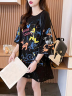 Summer New Fashion Trend Large Size Women'S Slim Loose Medium Long Cartoon Short-Sleeved T-Shirt - Black