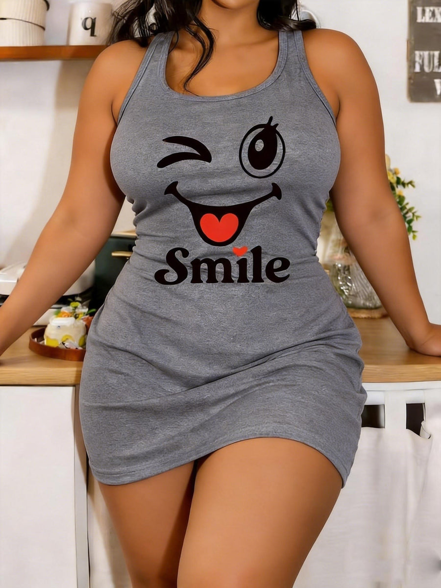 Plus-size Women's Smiling Winking Face Print Nightdress, Sleeveless Bodycon Pajamas, Comfortable Loungewear - Dark Gray