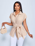 Western Elegant Directional Elegant Commuter Solid Color Summer Lapel Short Sleeve Button Bow Elegant Women'S Blouse - Apricot