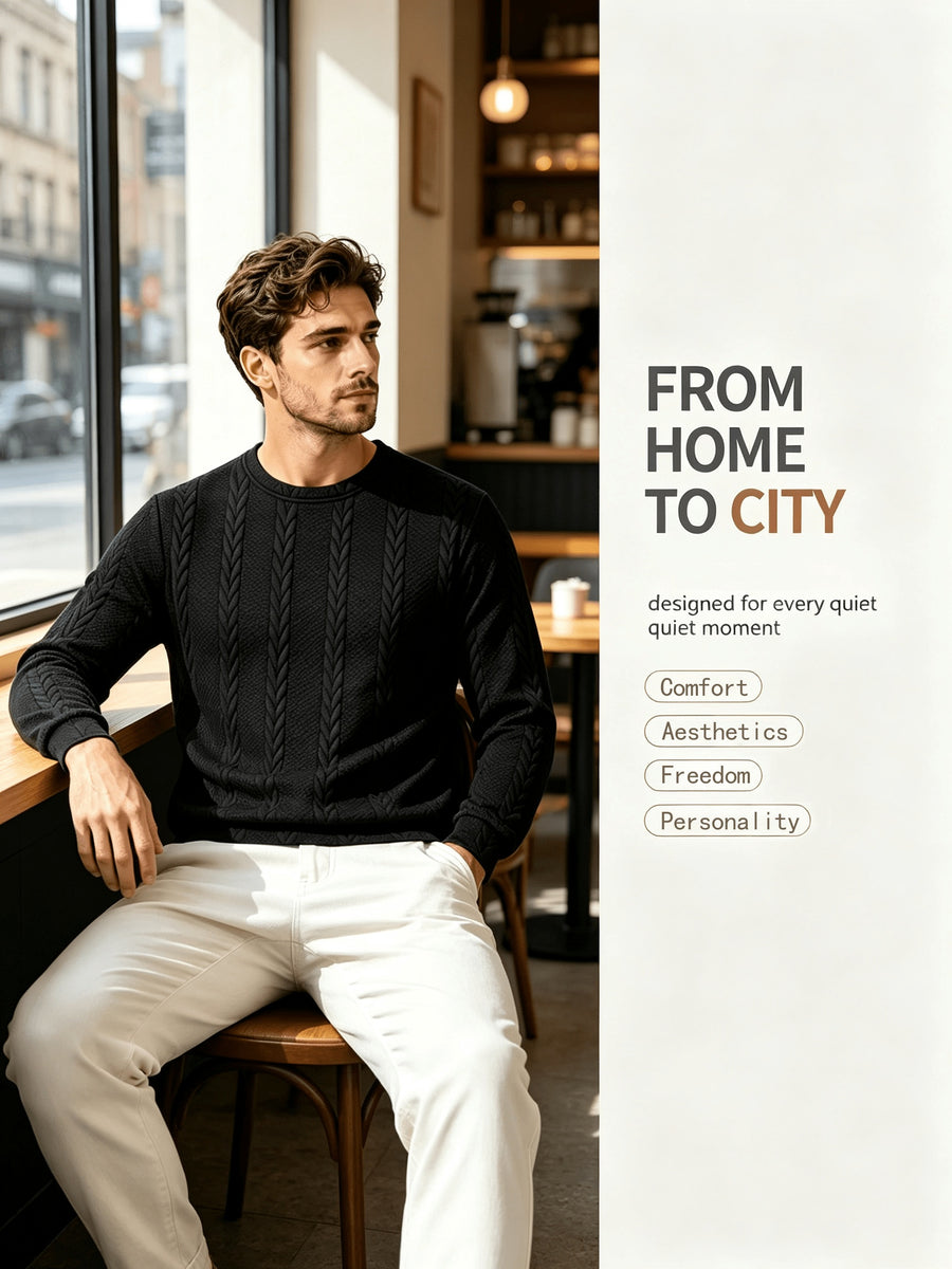 Men's Crew Neck Jacquard Sweatshirt, Fashionable and Versatile Sweatshirt for Spring and Autumn, Suitable for Outerwear or Layering, Features Three-Dimensional Visual Texture, Comfortable to Wear, Ideal for Casual, Vacation, Travel, and Home Wear - Black