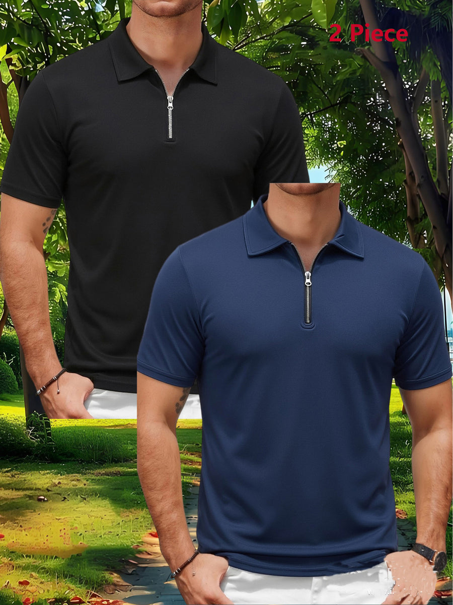 2pcs Men'S Sports Outdoor Casual Lapel Solid Color Breathable Zipper POLO Shirt - Black+Navy Blue