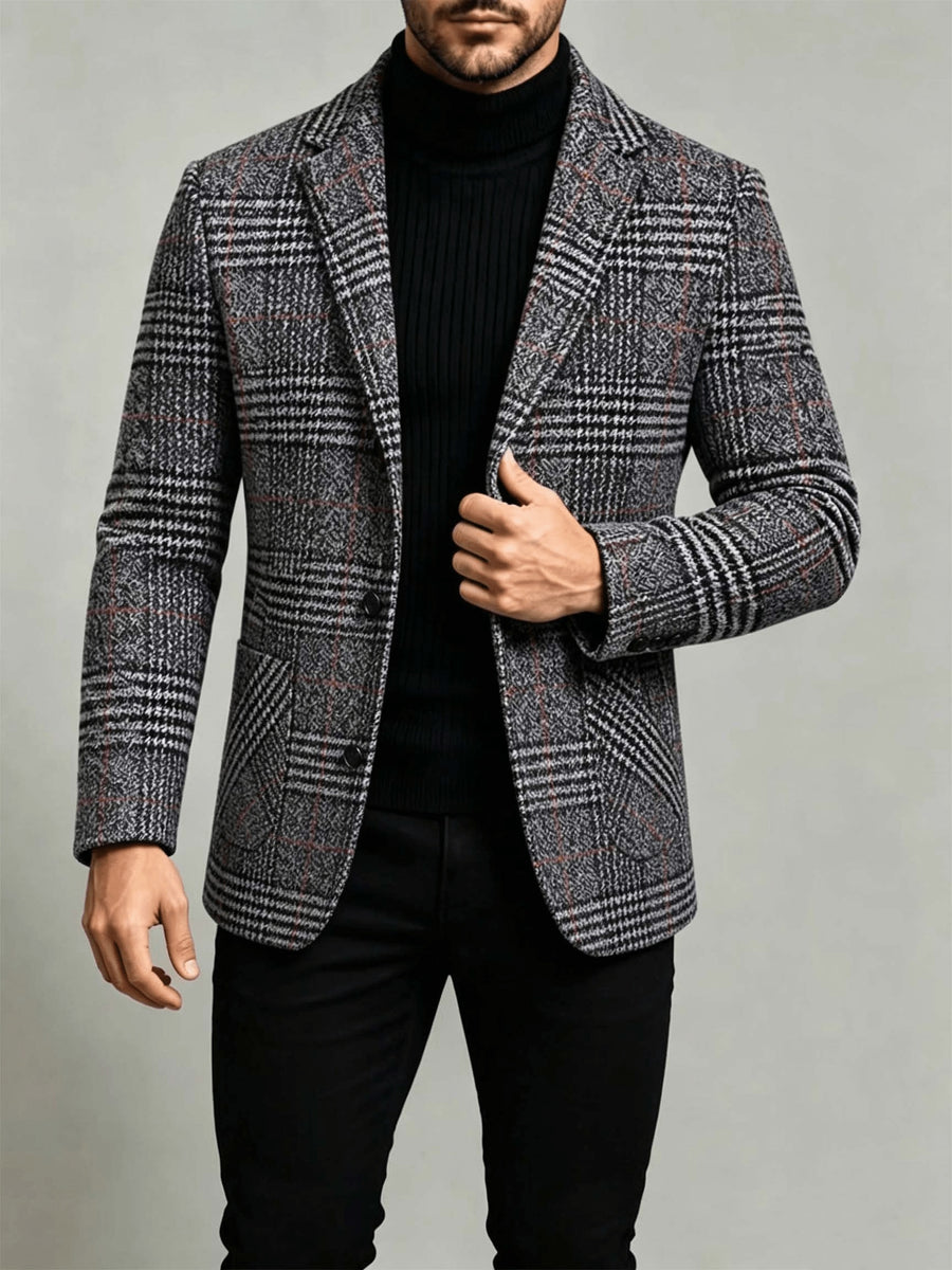 British Retro Check Men'S Overcoat Suit Lapel Single-Breasted Slim Fit Jacket Autumn Winter Casual Men'S Wear Polyester 90.7 Other 9.3 PP - Grey