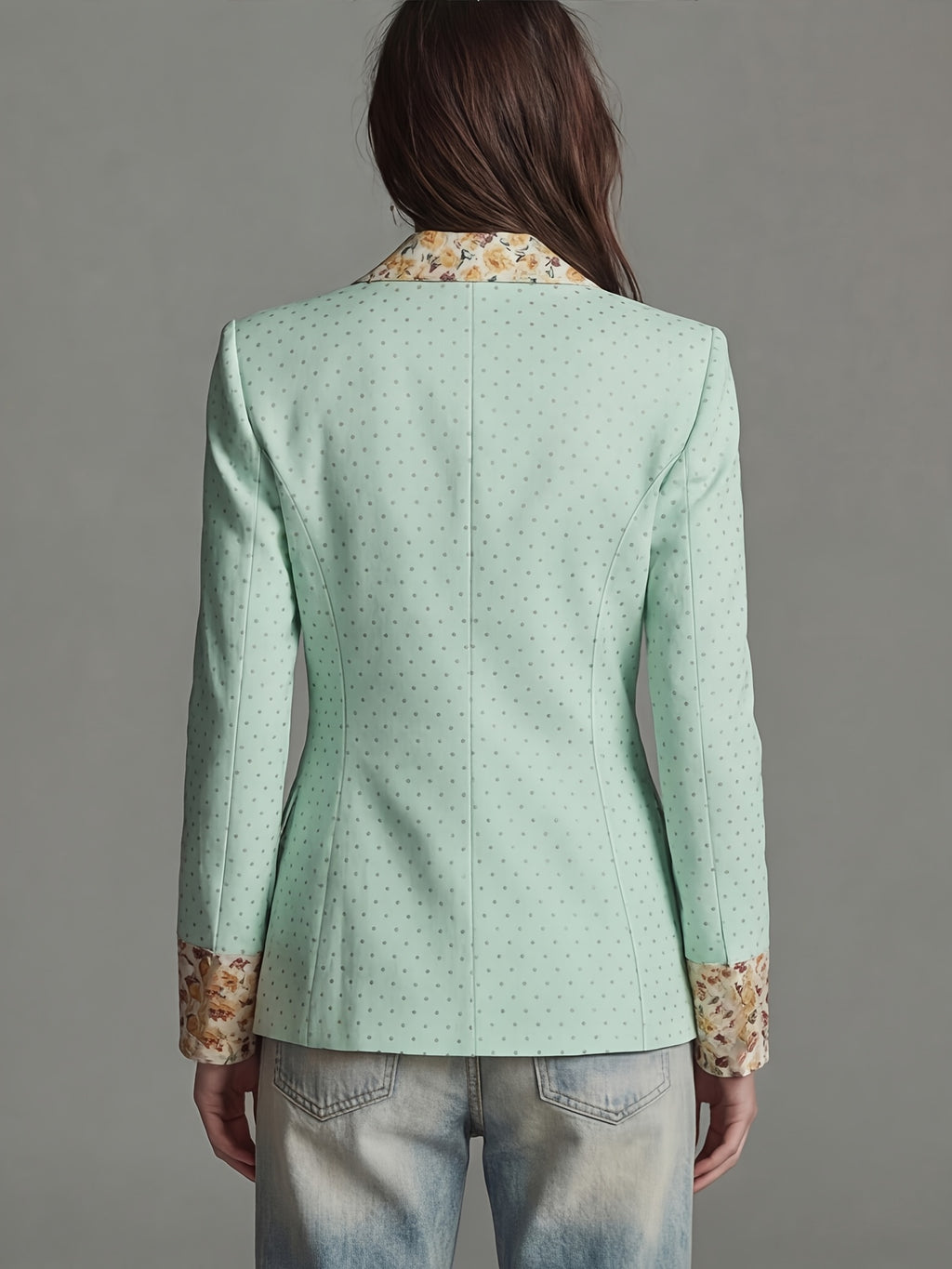 Women'S New Style Temperament Polka Dot Printed Sleeve And Collar Patchwork Floral Fashion Commuter Waist-Cinching Suit Jacket with Lining And Pockets - Light Green