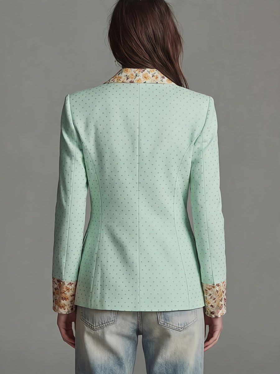 Women'S New Style Temperament Polka Dot Printed Sleeve And Collar Patchwork Floral Fashion Commuter Waist-Cinching Suit Jacket with Lining And Pockets - Light Green