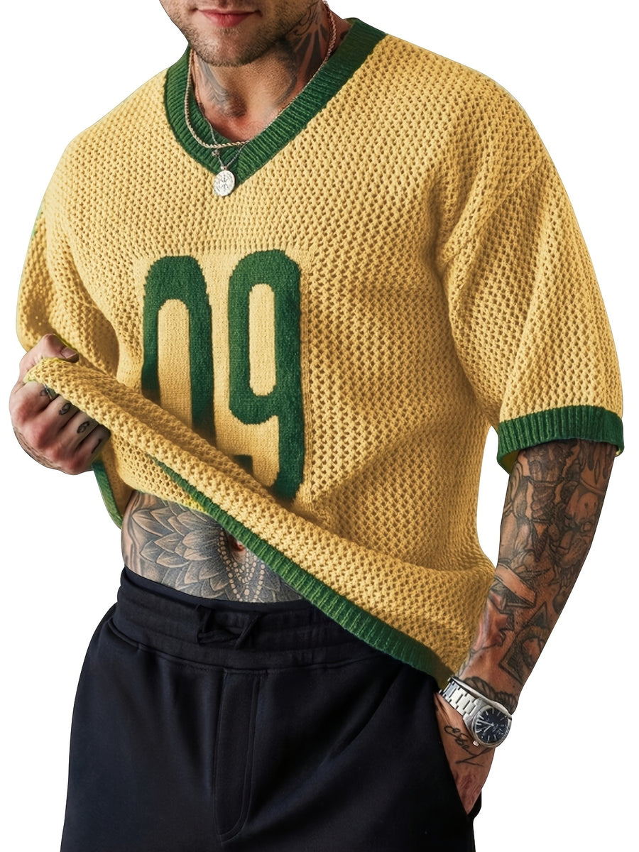 Spring Summer New Men'S Short Sleeve Hollow Loose Knit Pullover Top V-Neck Pullover Casual Outdoor Top - Yellowish-brown
