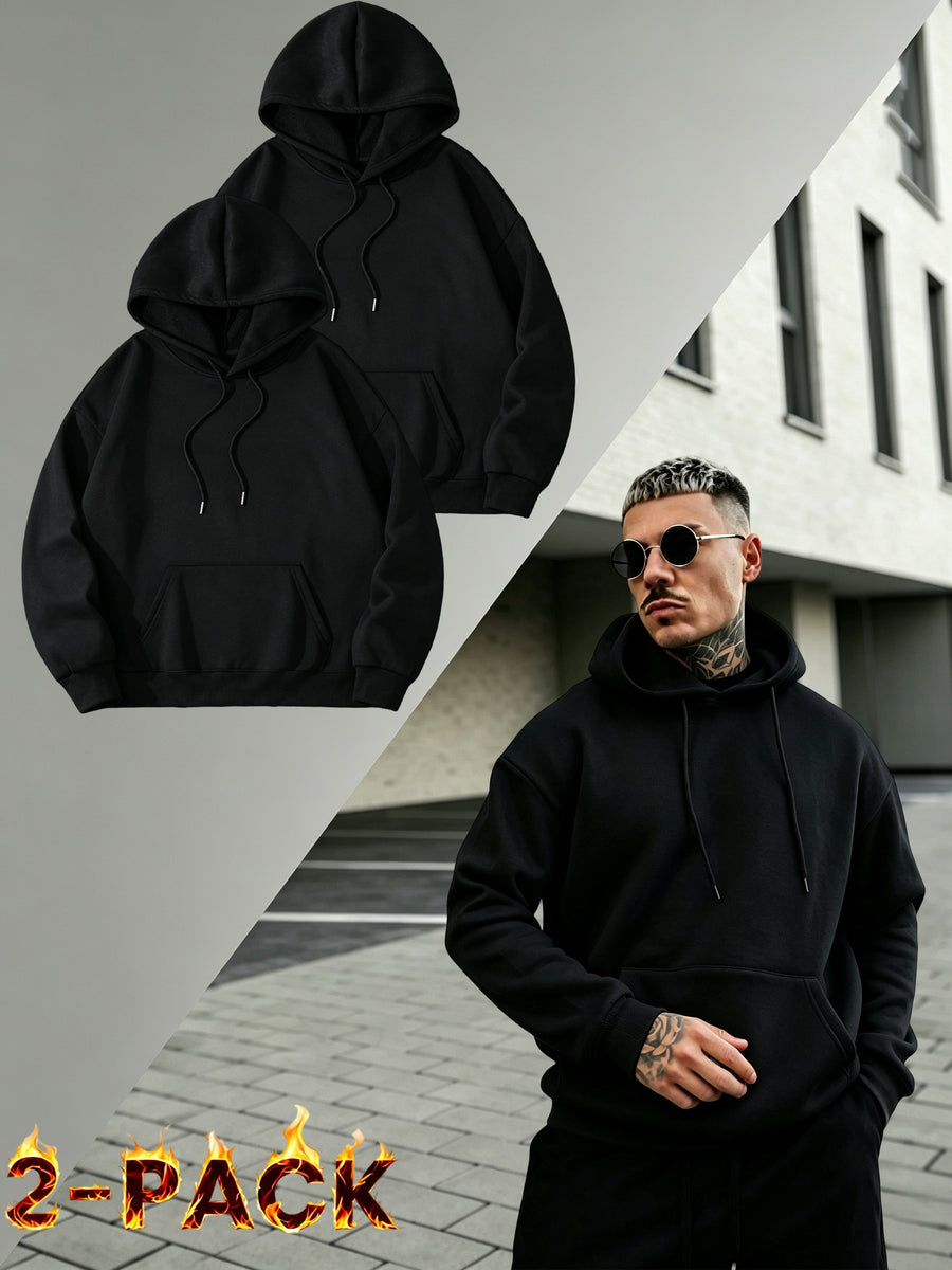 2PIECESMen's Solid Color Drop-shoulder Long-sleeve Drawstring Pocket Casual Outdoor Street Fashion Hoodie, Suitable for Autumn and Winter, Back-to-school Season - Black