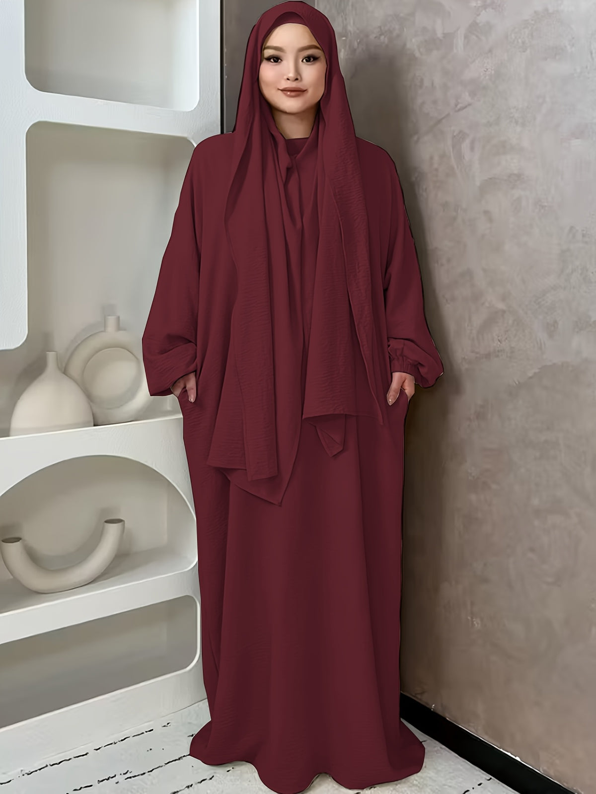 1pc And Abaya One-Piece Dress, Prayer Jilbab Fashionable, Elegant And Casual Solid-Colored Puff Sleeve Suitable for Daily Wear. Loose And Comfortable Women'S Abaya Robe - Deep Red