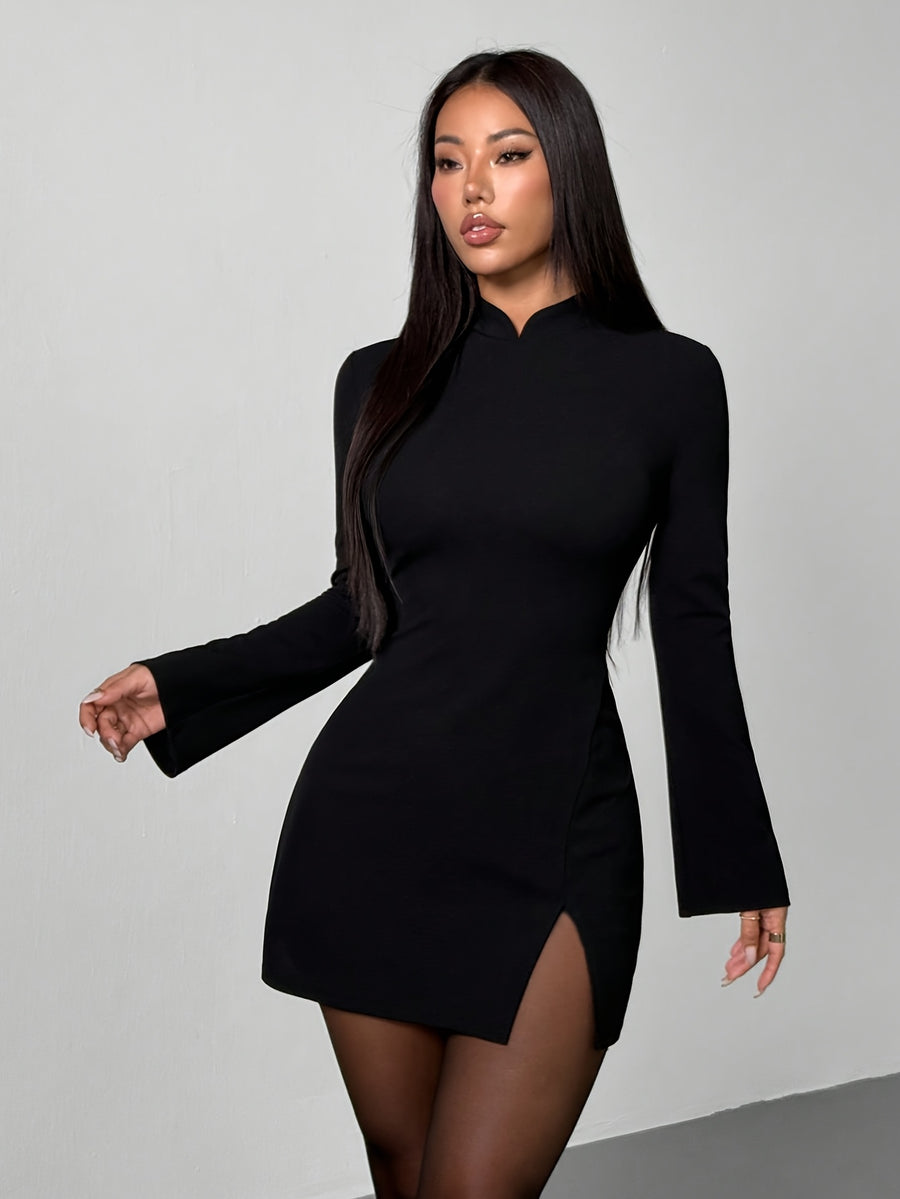 Vintage Stand Collar Flared Sleeve Elegant Dress for Valentine's Day Dates and Parties - Black
