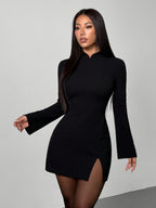 Vintage Stand Collar Flared Sleeve Elegant Dress for Valentine's Day Dates and Parties - Black