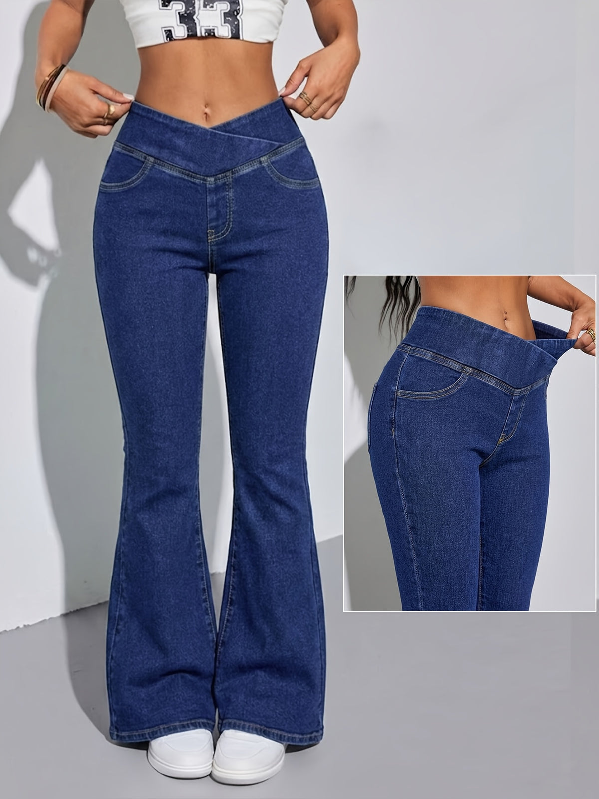 Y2K Streetwear V-Cut Cross Waist Flare Jeans for Women - Solid Lifting Stretchy Low-Rise Bell Bottom Denim Trousers - Blue