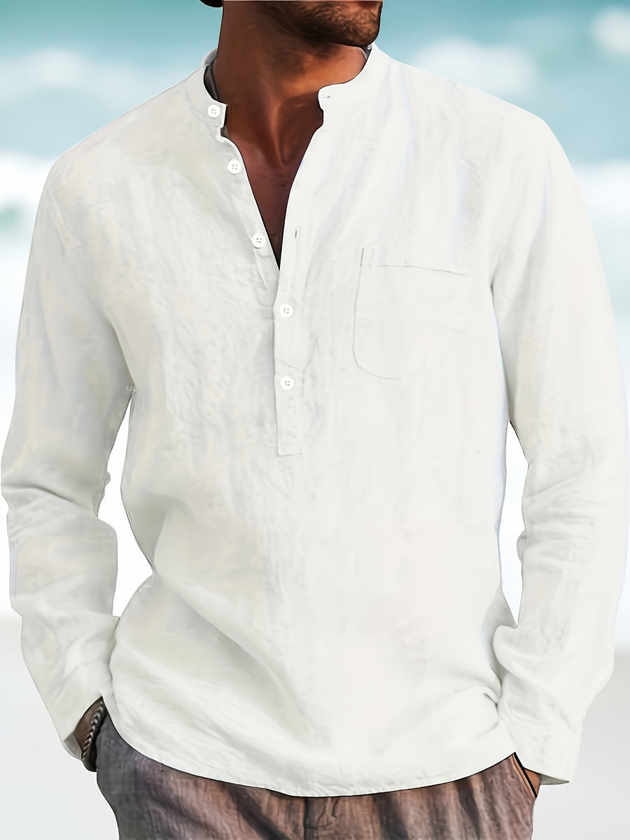 Men'S Casual Romantic Vacation Henley Shirt Long Sleeve Top - White