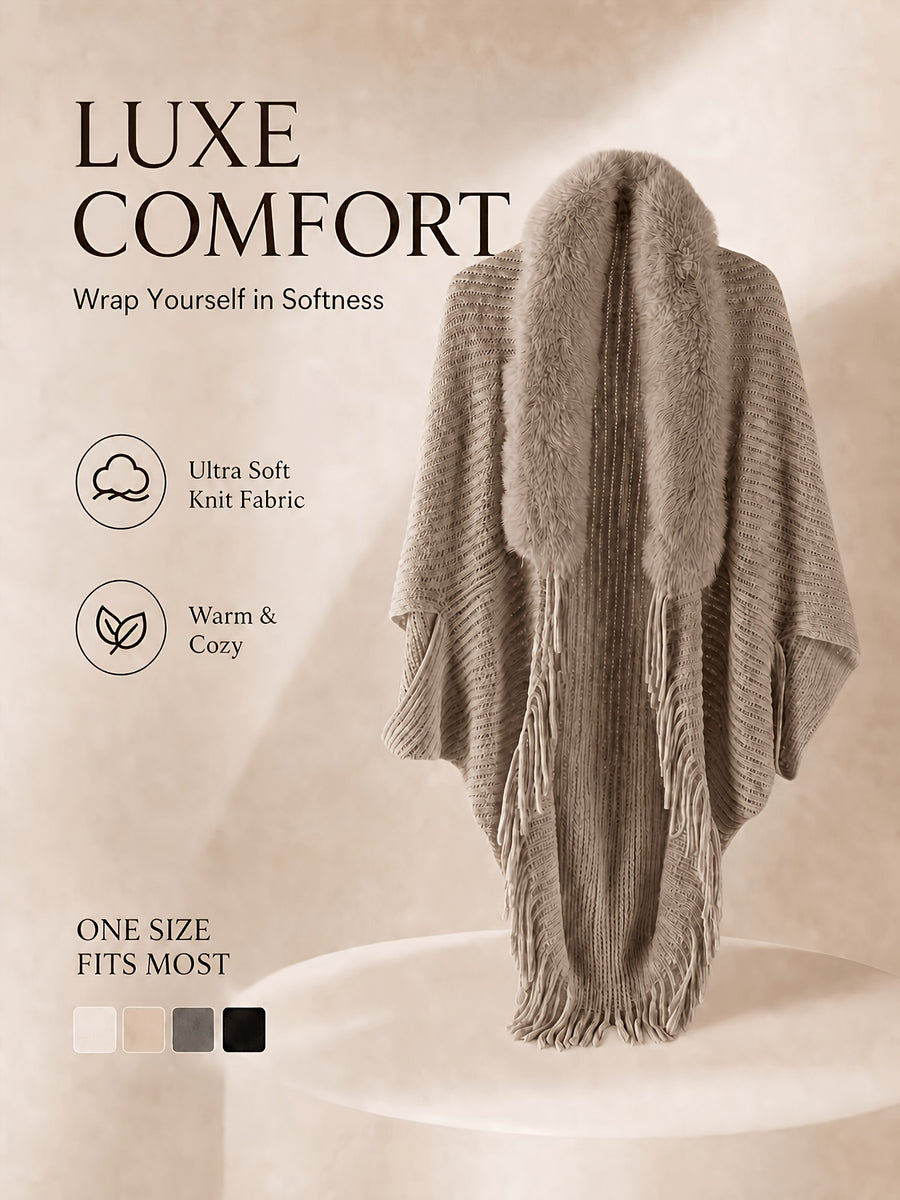 Women's Loose-fitting, Batwing-sleeve, Cape-style Cardigan; a Reversible Wrap with a Shawl Collar-a Stylish Piece for Casual Attire and a Great Gift for Autumn and Winter. - Khaki