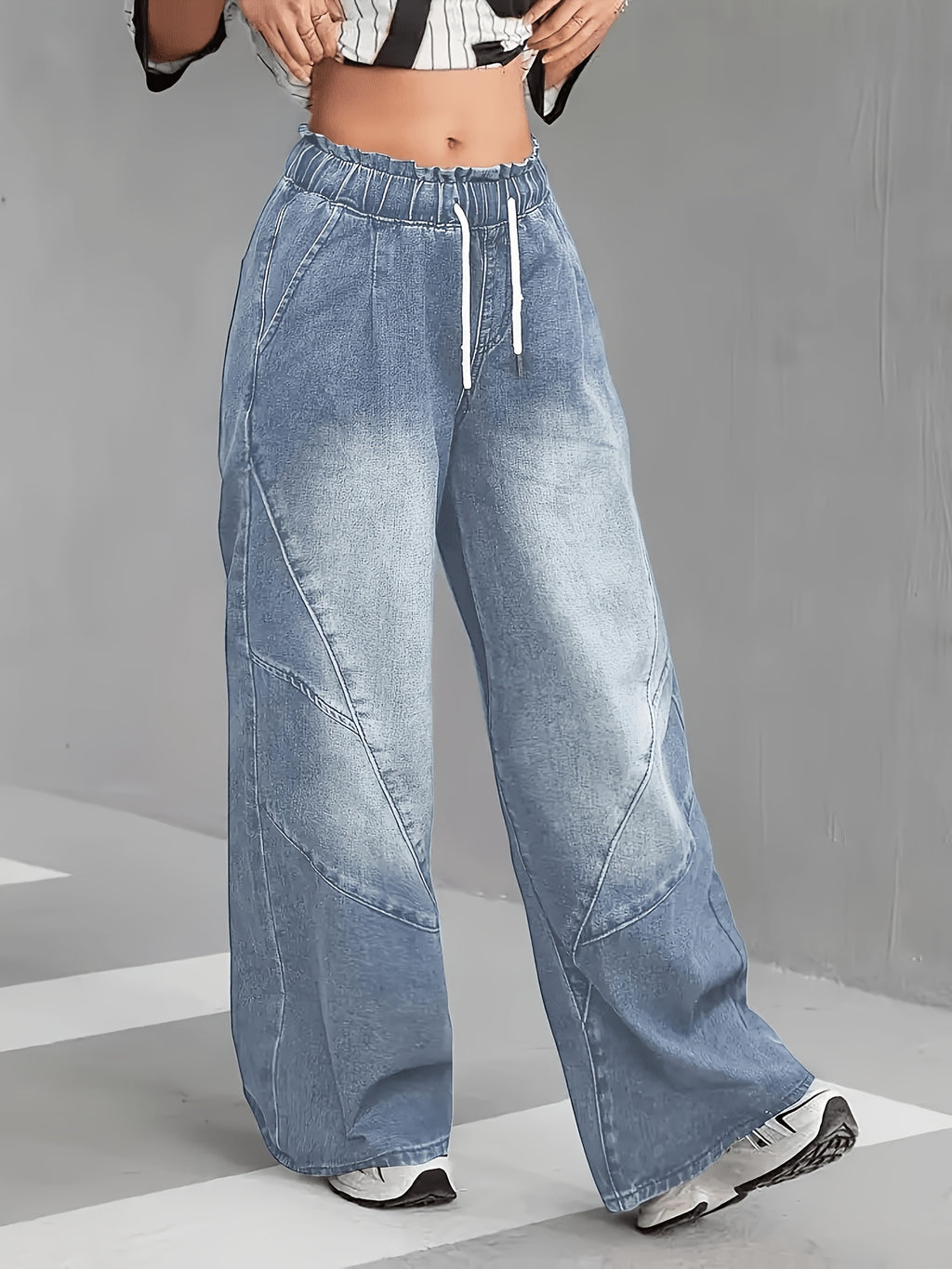 Women'S High-Waist Loose Wide-Leg Jeans - Y2K Street Style, Slant Pockets, Elastic Drawstring Waist, Non-Stretch Fabric, Perfect for Casual Wear, Casual Trousers | Flowy Pants | Non-Stretch Fabric - Light Blue