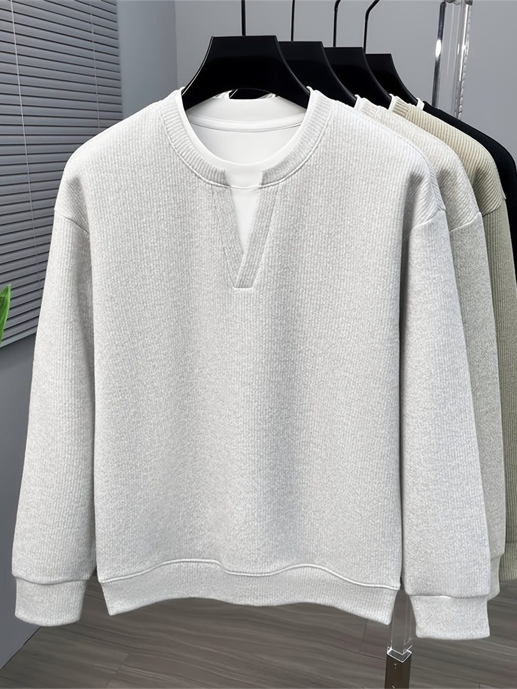 Spring And Autumn Men'S Pinstripe Knit Faux Two-Piece Sweatshirt Easy Small Lapel Fit Comfortable Skin-Friendly Casual Commuting Long Sleeve Pullover Sweater - 【Light Grey】