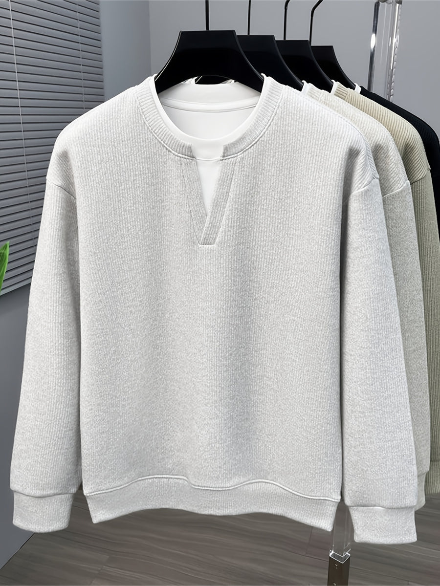 Spring And Autumn Men'S Pinstripe Knit Faux Two-Piece Sweatshirt Easy Small Lapel Fit Comfortable Skin-Friendly Casual Commuting Long Sleeve Pullover Sweater - 【Light Grey】