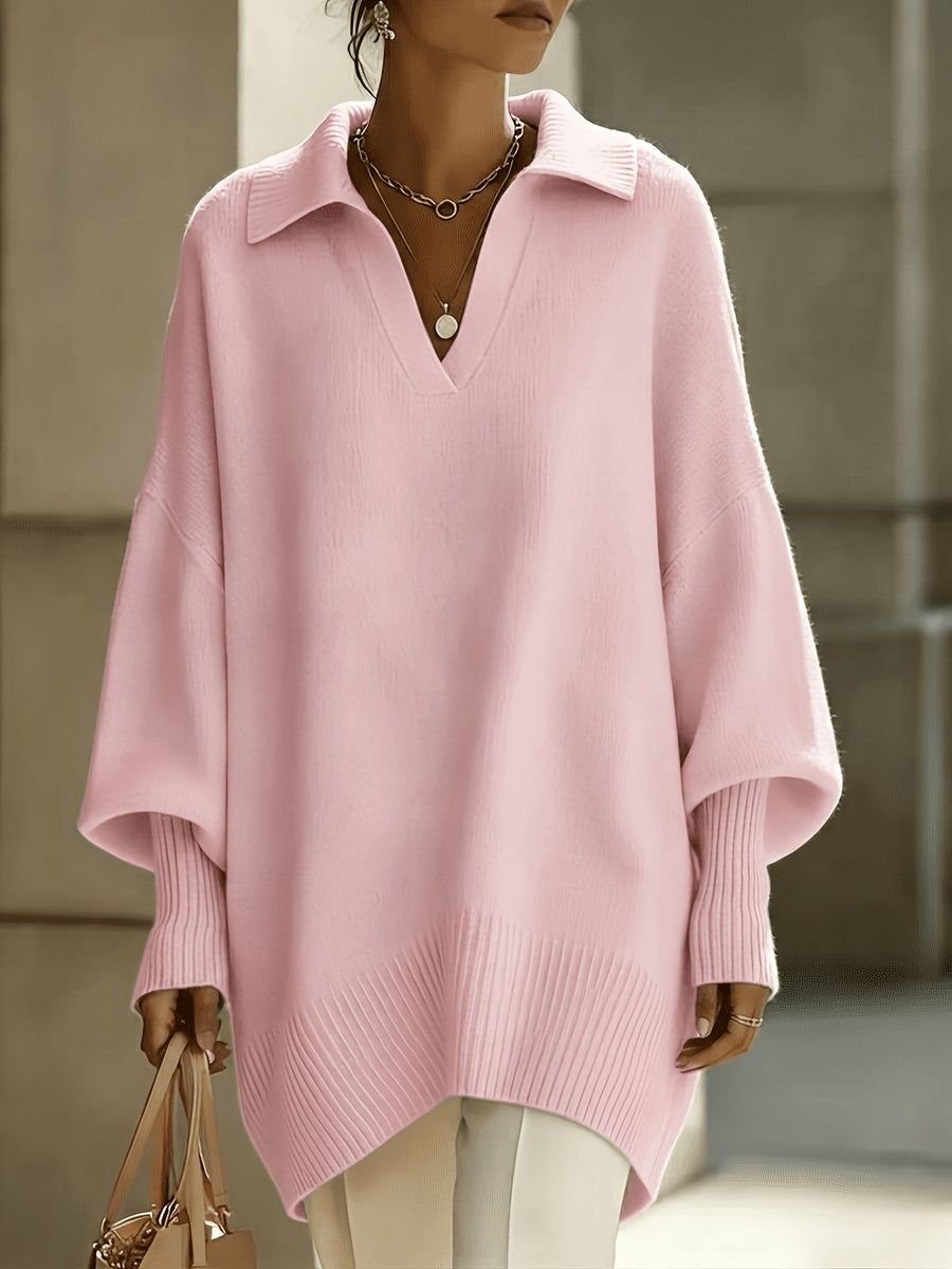 New Autumn/Winter French-Style Elegant Pullover, Polo Collar with V-Neckline, Batwing Sleeves and Drop Shoulder Design, Elegant, Comfortable, and Skin-Friendly, Women's Autumn/Winter Clothing, New Autumn Women's Style, Stylish Sweater, Popular Korean - Pink Color