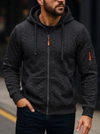 Men'S Fashion Outerwear, Autumn Winter Random Wheat Ear Textured Jacquard Fabric, Hooded Drawstring Long Sleeve with Arm Pockets And Patchwork Jacket - Black