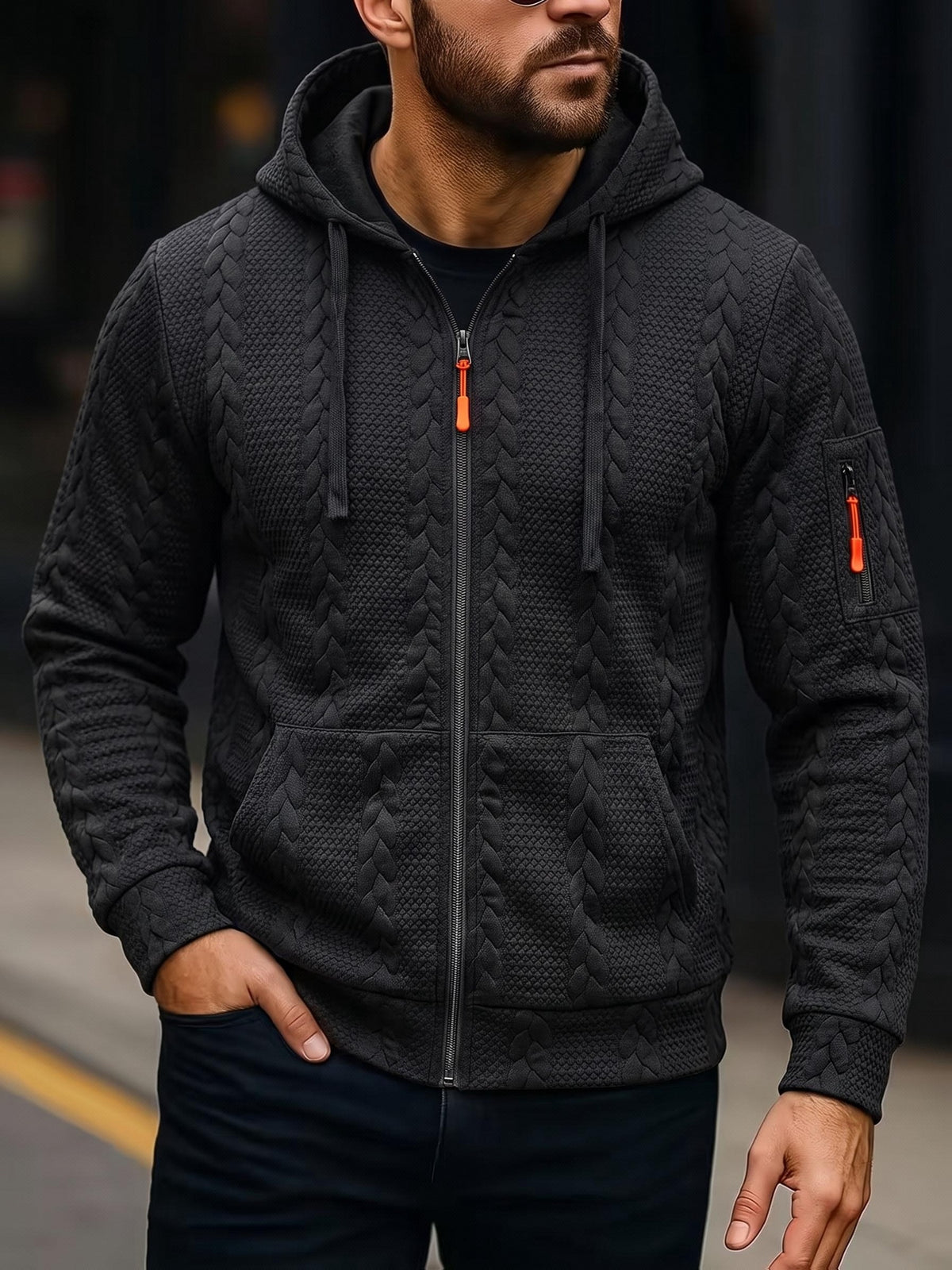 Men'S Fashion Outerwear, Autumn Winter Random Wheat Ear Textured Jacquard Fabric, Hooded Drawstring Long Sleeve with Arm Pockets And Patchwork Jacket - Black