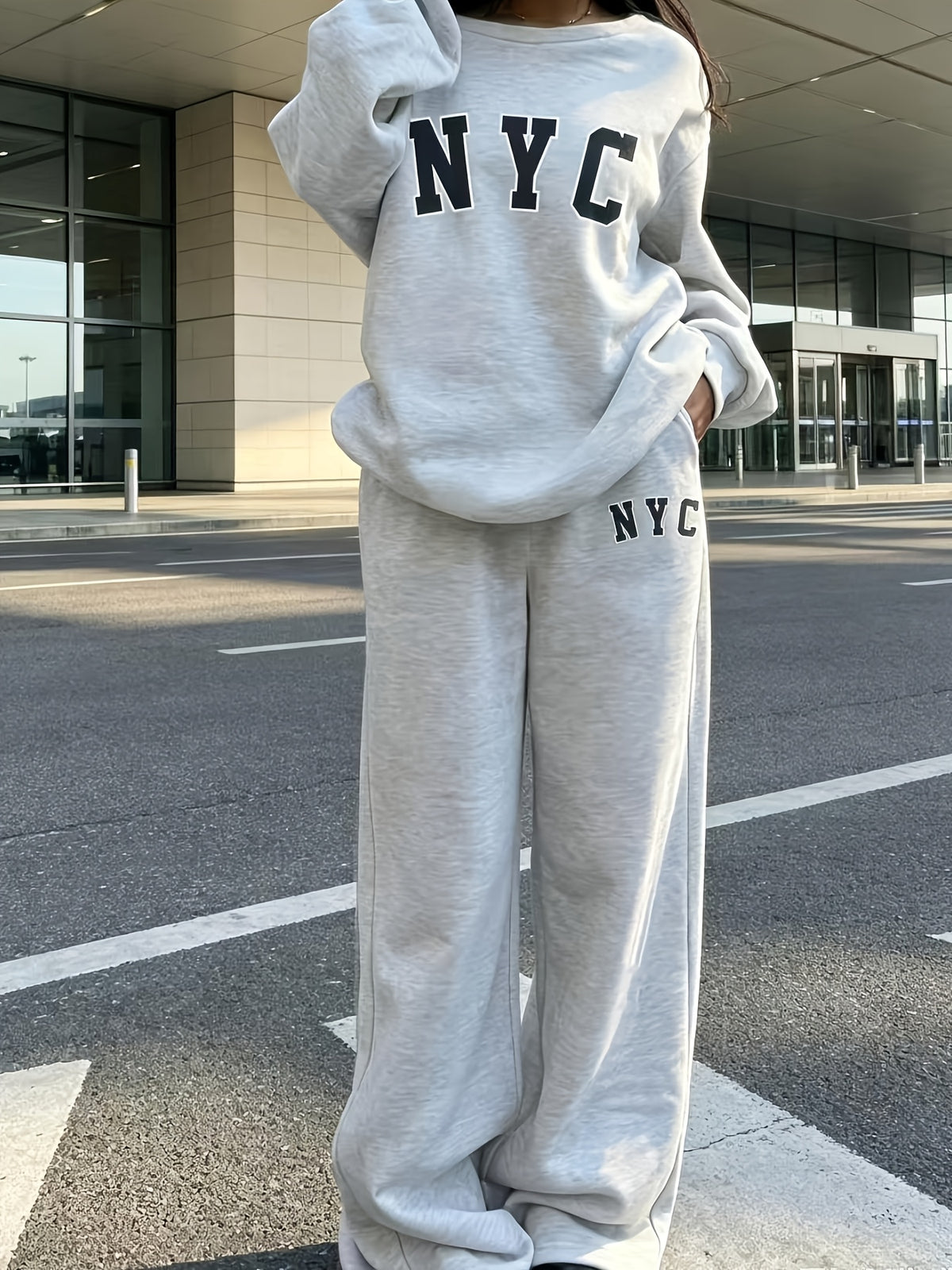 Retro Letter Print Women'S Athletic Off-Shoulder Fleece Loose Shorts And Long Pants 2pcs Set - Grey