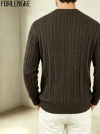 FORLENGKE 2026 New Men's Business Casual Crew Neck Cable Knit Sweater, Soft Warm Long Sleeve Pullover for Fall Winter Office, Daily & Outdoor Wear - Coffee Color