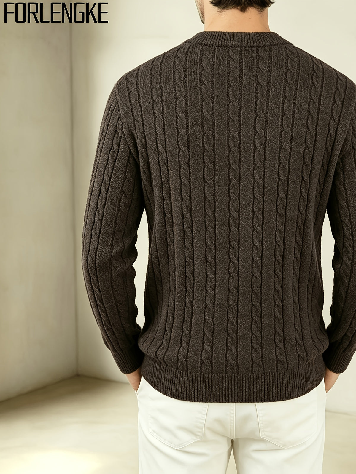 FORLENGKE 2026 New Men's Business Casual Crew Neck Cable Knit Sweater, Soft Warm Long Sleeve Pullover for Fall Winter Office, Daily & Outdoor Wear - Coffee Color