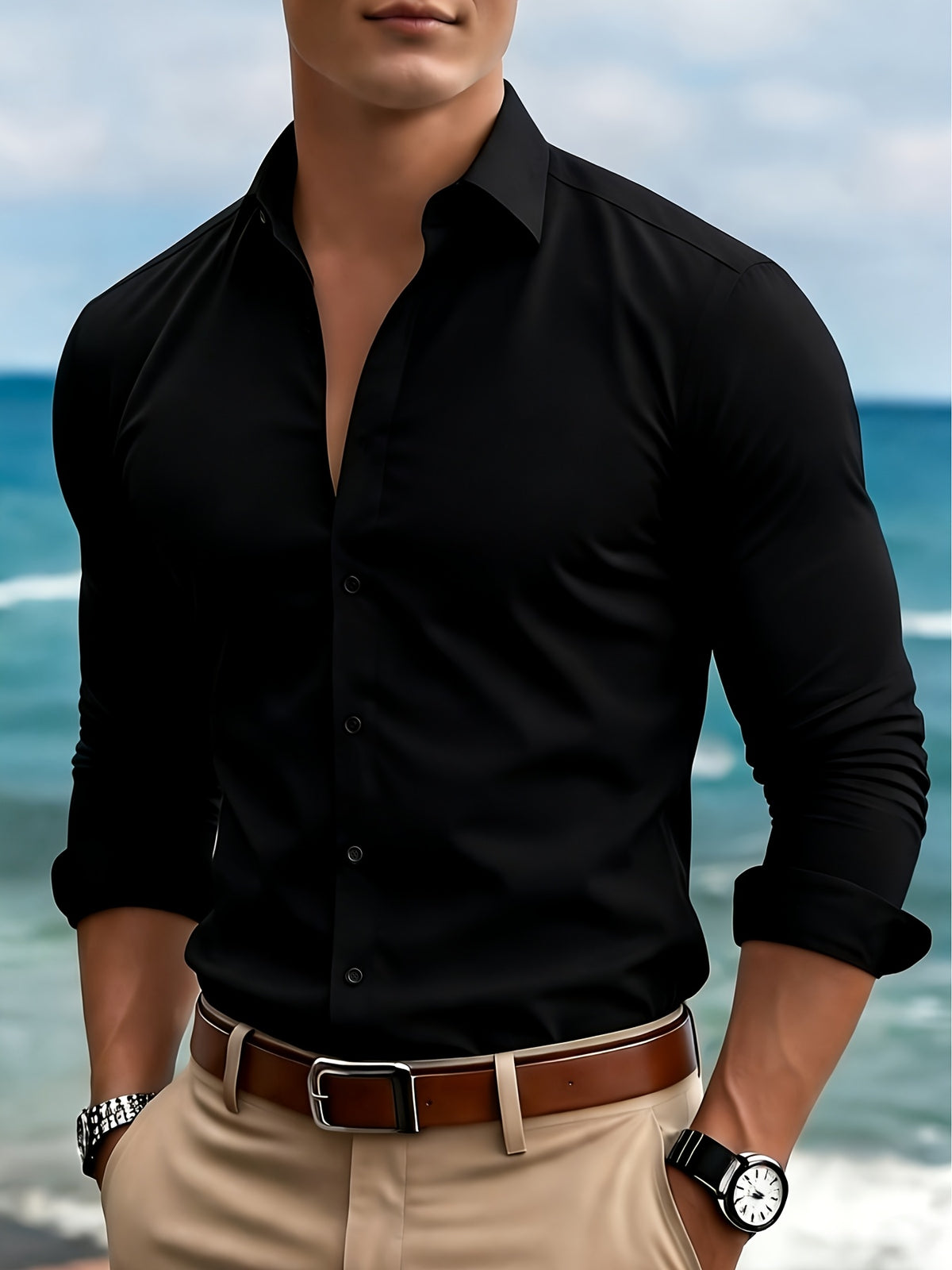 New Men'S Casual Dress Shirt, Solid Color Classic Style, Easy And Fashionable, All-Season Wear - Black
