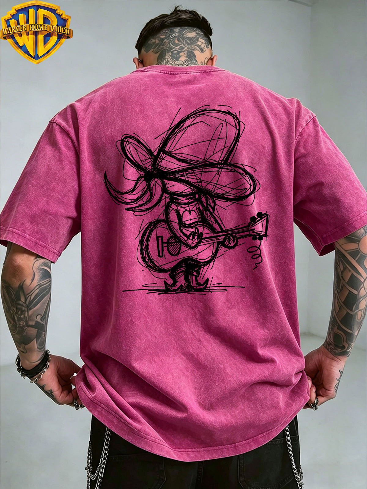 [Warner Bros] Official Authorization, Guitar Playing Denim Print Design, American Retro Washed Distressed T-Shirt, Outdoor Sports Casual Clothing, Daily Commuting, Machine Washable - Rose Red