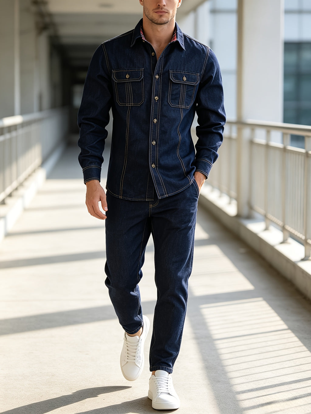 American Streetwear Plaid Collar Denim Shirt for Men, Dark Blue Multi-Pocket Workwear Style Versatile Casual Top - Blue