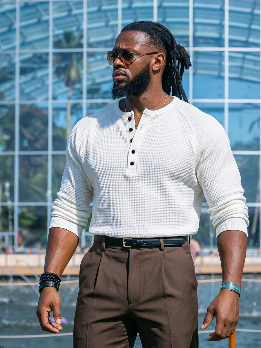 Spring/Summer Raglan Sleeve Waffle Knit Men's Henley Shirt, Japanese-Style Artistic Vintage Long-Sleeve Top, Everyday Essential Item - White