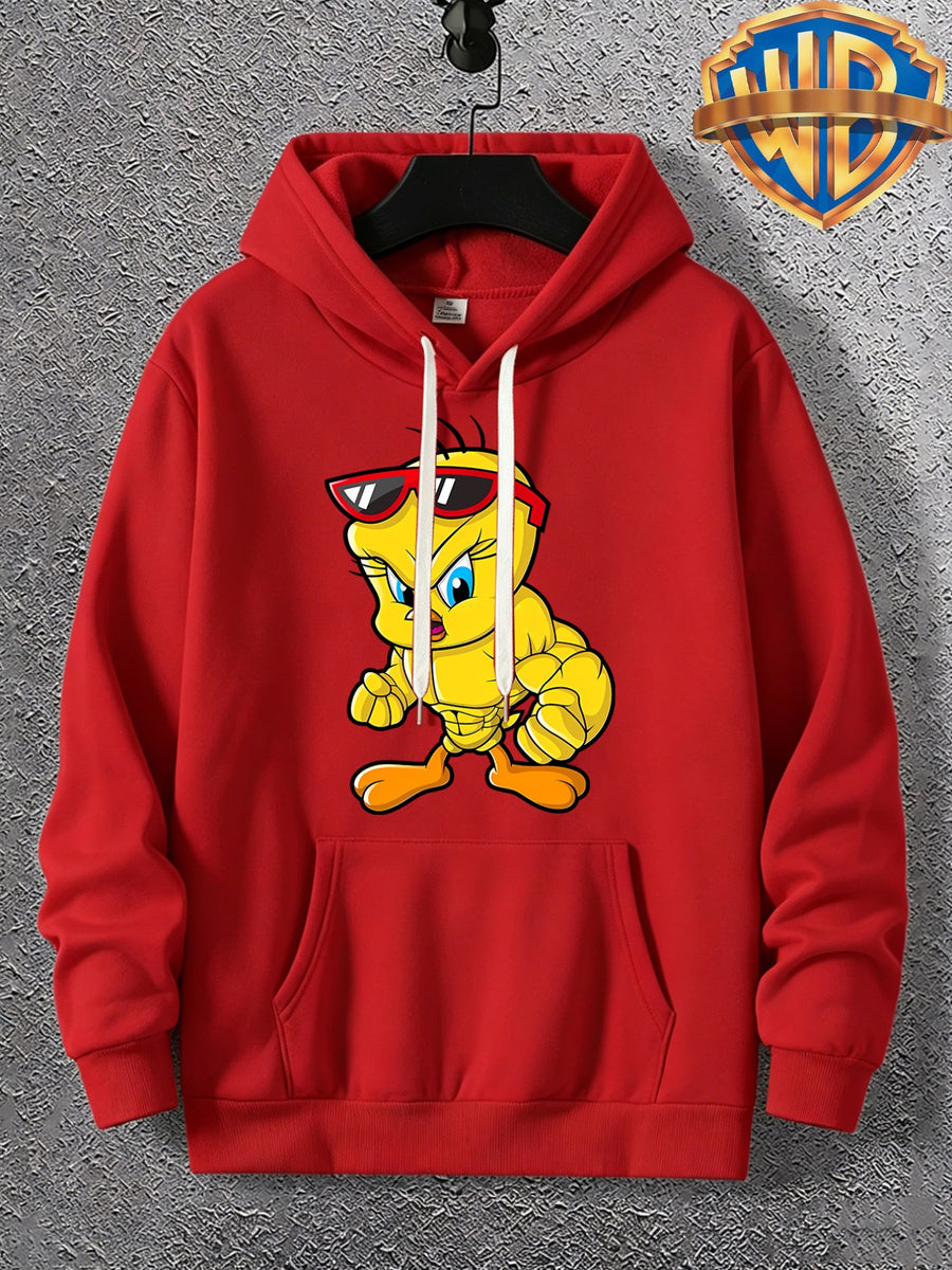 Warner Licensed Men'S Autumn Long Sleeve Hooded Sweatshirt, Durable Ribbed Cuffs, Breathable Polyester Fabric, Funny Muscle Bird Creative Cartoon Print, Suitable for Campus Youth Daily Wear, Class And Social Outings, Loose Drop Shoulder Cut - Bright Red
