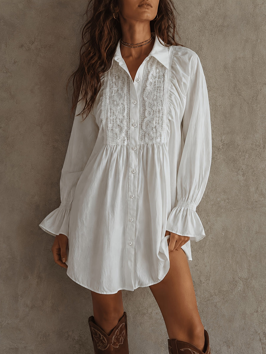2026 Spring/Autumn Front Short Back Long Designer Style Loose Fit Elegant Solid Color Button-Up Elastic Cuffs Patchwork Lace Trim Women's Blouse ZLLZ - White