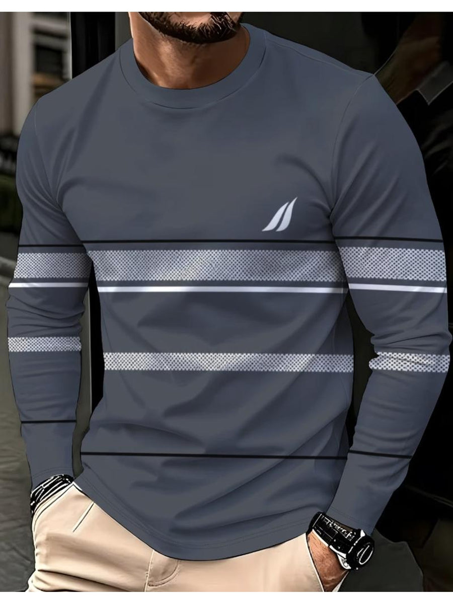 Printed Design – Not Textured New Men'S Long Sleeve T-Shirt, Dark Gray Multi-Tone Silvery Gray Contrast Horizontal Stripes Chest Small Round Neck Slim Fit Business Casual Versatile - Mixed colors