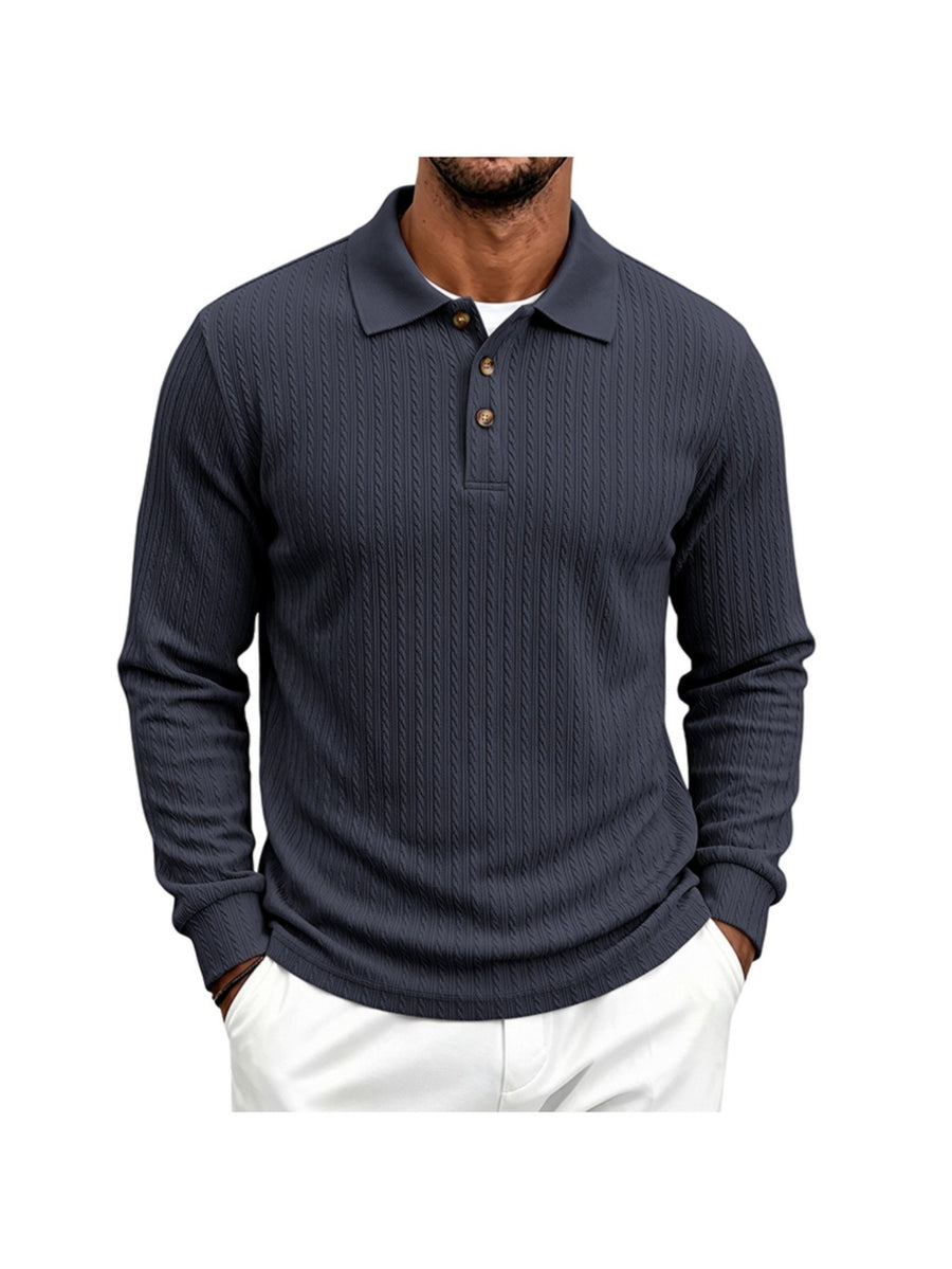 Men's Cable Twist Knit Long Sleeve Polo Shirt, Classic Collar 3 Buttons Solid Pullover, Casual Business Slim Fit Textured Top for Autumn Winter - Navy Color