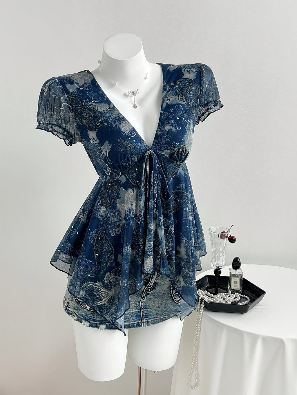 Women's Navy Blue Y2K Style Top, Irregular Hem with Mesh Patchwork and Ethnic Print Camisole, Casual Beach Camisole ZLLZ - Navy Color