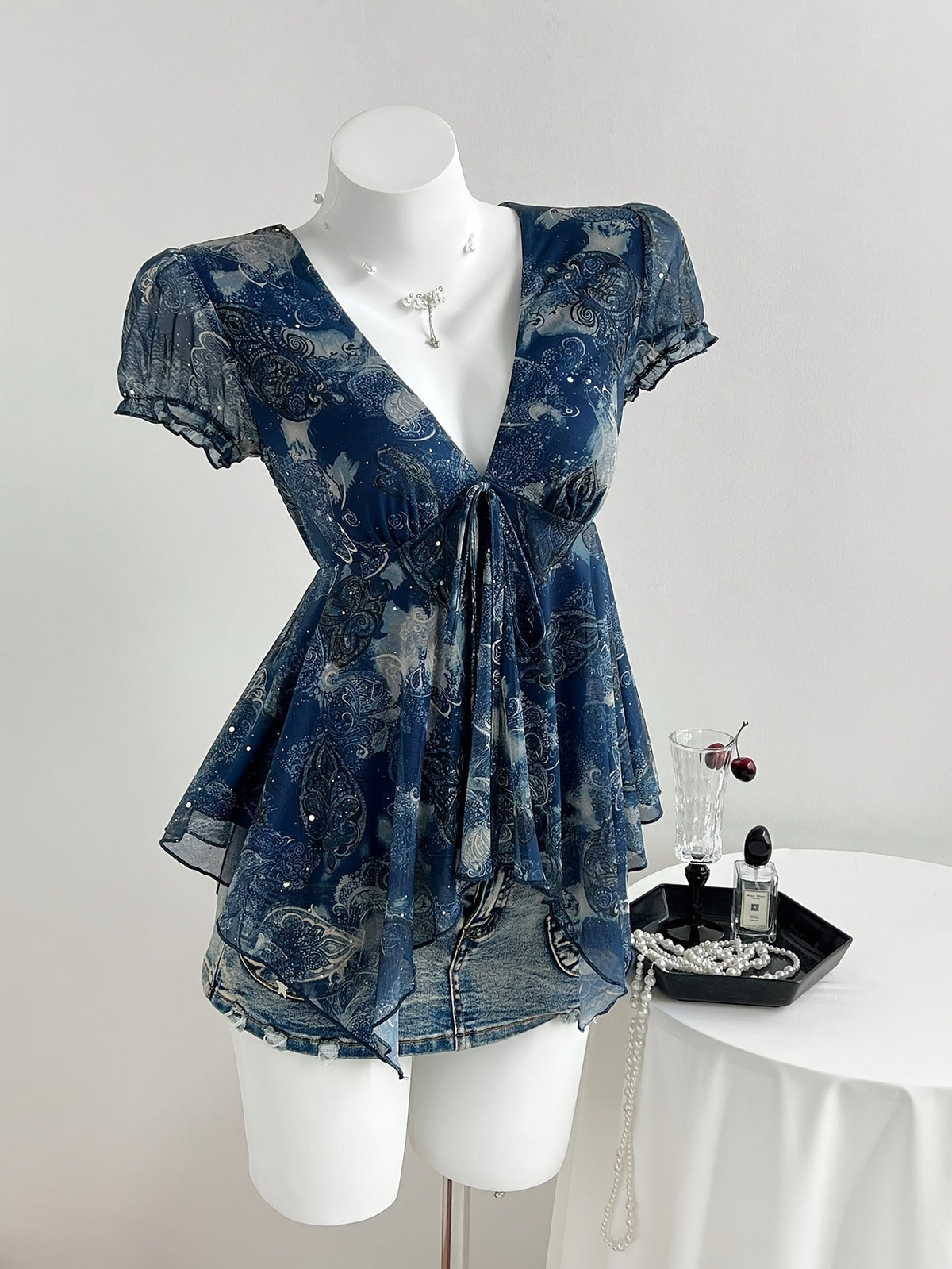 Women's Navy Blue Y2K Style Top, Irregular Hem with Mesh Patchwork and Ethnic Print Camisole, Casual Beach Camisole ZLLZ - Navy Color