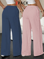 2-Pack Women's Elegant Textured Side-Cutout Straight-Leg Pants with Drawstring Waist, Wide-Leg Casual Trousers - Blue+Pink