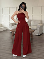 Wide-Leg Loose Solid Color with Ruched Design, Suitable for Summer Women'S Casual Wear - Red