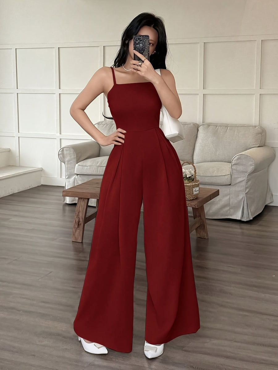 Wide-Leg Loose Solid Color with Ruched Design, Suitable for Summer Women'S Casual Wear - Red