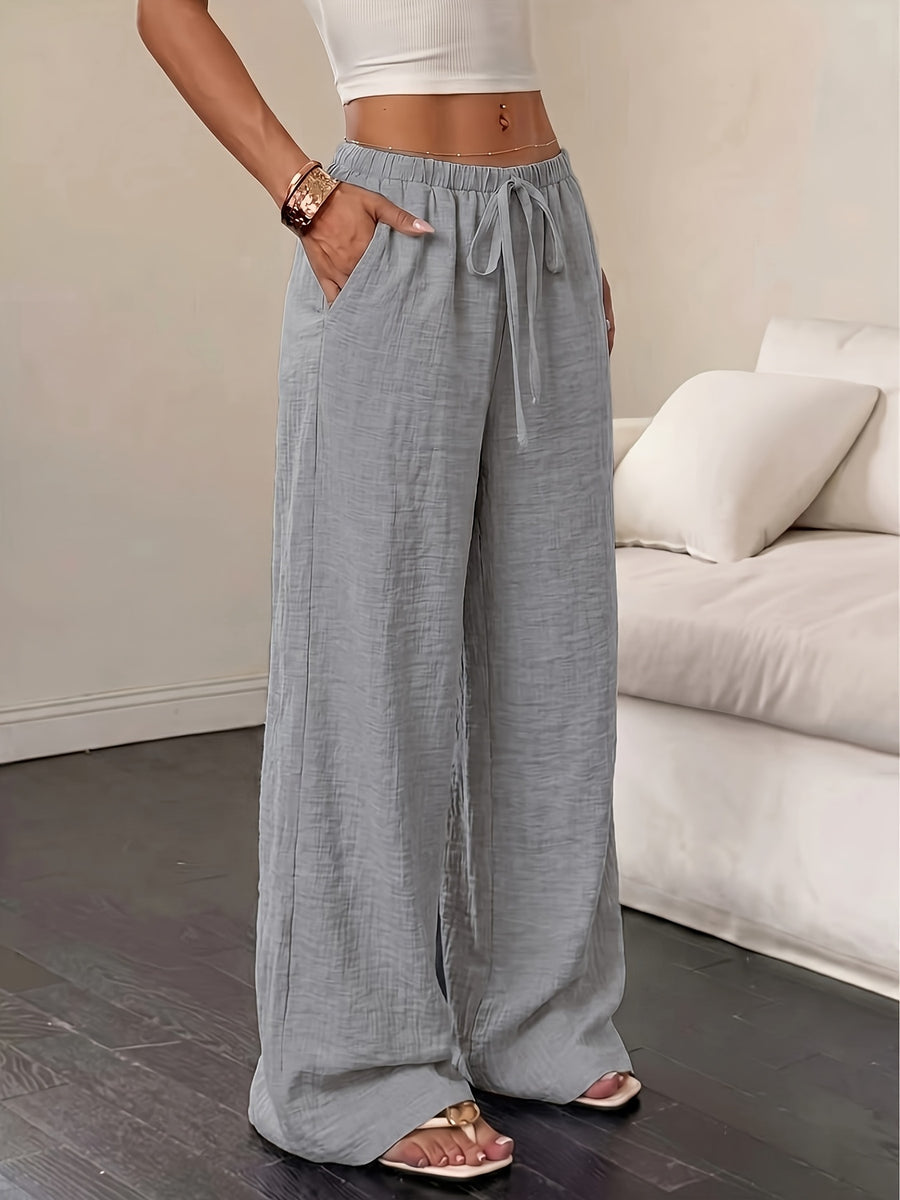 YY0514366 Women's Casual Versatile Solid Color Lace-Up Straight-Leg Pocket Wide-Leg Pants - Grey
