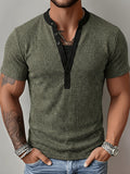 ROYALBOY Spring New Dual-Tone Roman Stripe Individual Patchwork V-Neck Short Sleeve, Casual All-Match Commute Essential - Military Green