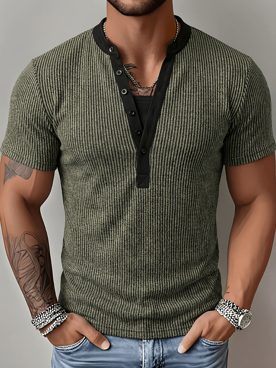 ROYALBOY Spring New Dual-Tone Roman Stripe Individual Patchwork V-Neck Short Sleeve, Casual All-Match Commute Essential - Military Green