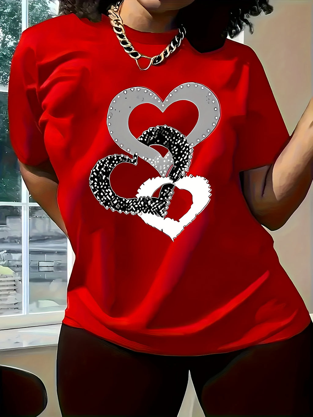 2025 Spring/Summer New Women's Short-Sleeve Top, Simple and Stylish Love Ring Pattern Print, Versatile Daily Wear Round Neck T-Shirt, Circle Pattern - Red