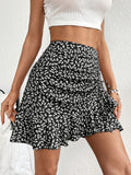 Elegant Special Vintage Floral Print Mini Skirt, Adorned with Delicate White Floral Patterns, Exudes a Fresh Vintage Vibe with an Inherent French-style Romantic Charm. The Side Gathers Feature a Clever Concealed Design That Subtly Flatters the Waist - Black