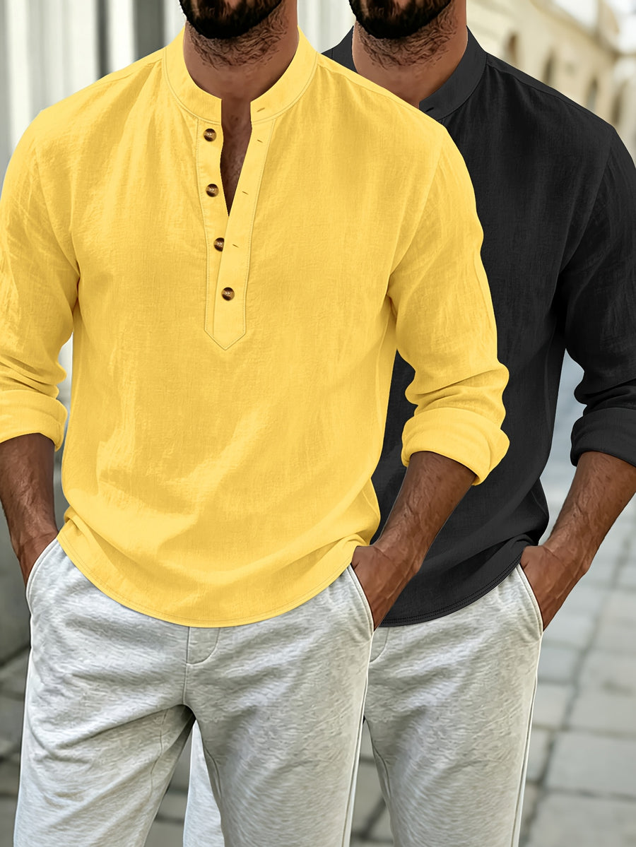 2pcs Men's Solid Color Pullover Henley Shirt, Long Sleeve, Regular Fit for Spring/Autumn, Casual Outings and Parties - Yellow+black