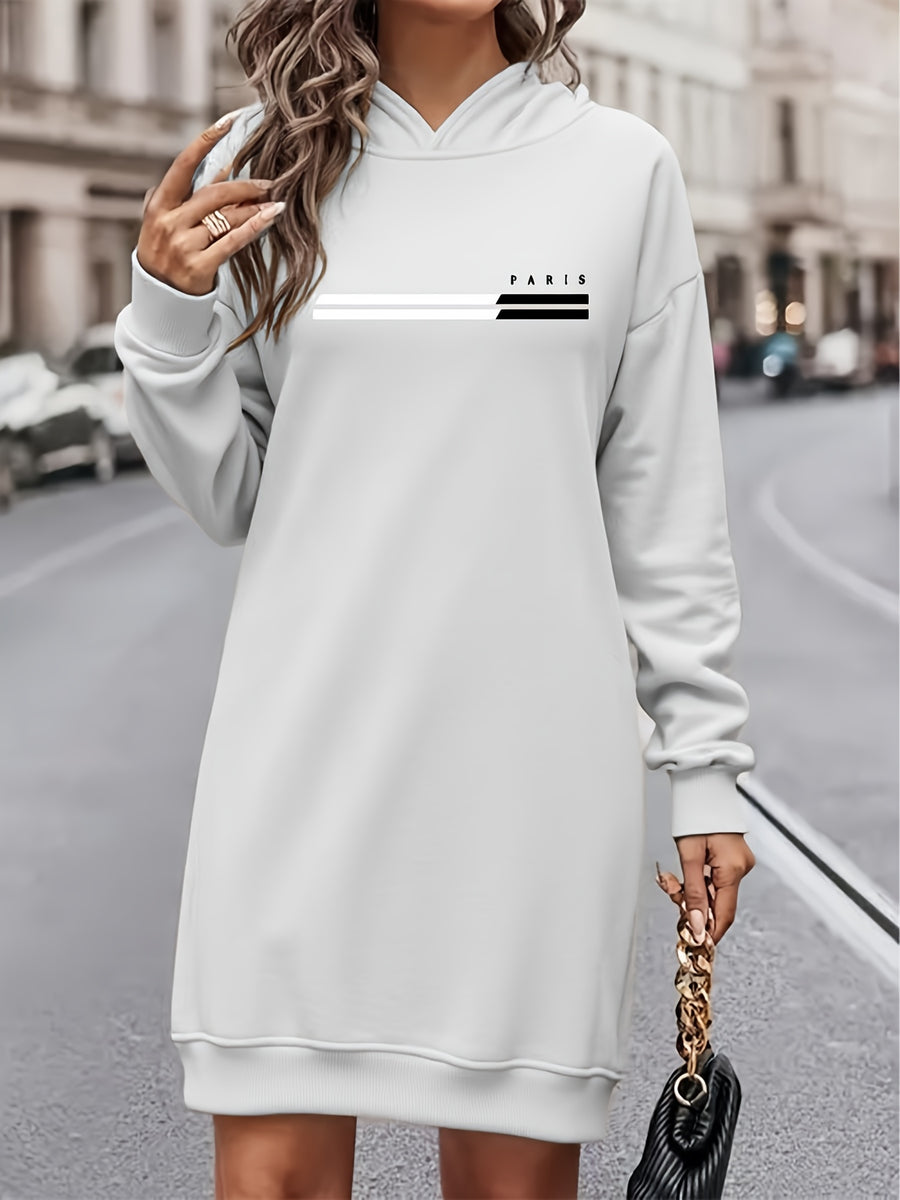 Women'S Fashion Letter Print Hooded Dress, Women'S Fall Winter Premium Trendy Street Style Age-Reducing Fleece Color-Block Hooded Sweatshirt Casual Top, Casual Versatile Hoodie, Jacket, Pullover Shirt, Long Sleeve Sweater, Elegant - White