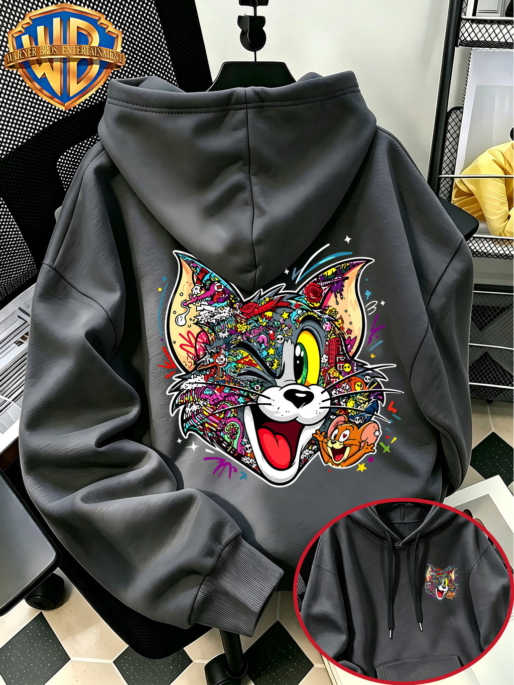 Autumn Winter Trendy Fashion Drawstring Pocket Hooded Men'S Sweatshirt, Multi-Color Graffiti Fun Cool Classic Mouse Cat Head Cartoon Print Design, Sporty Fashion Loose Hoodie, Casual Daily Wear, Trendy For, Suitable for Home And Outings, Unisex - Dark Gray