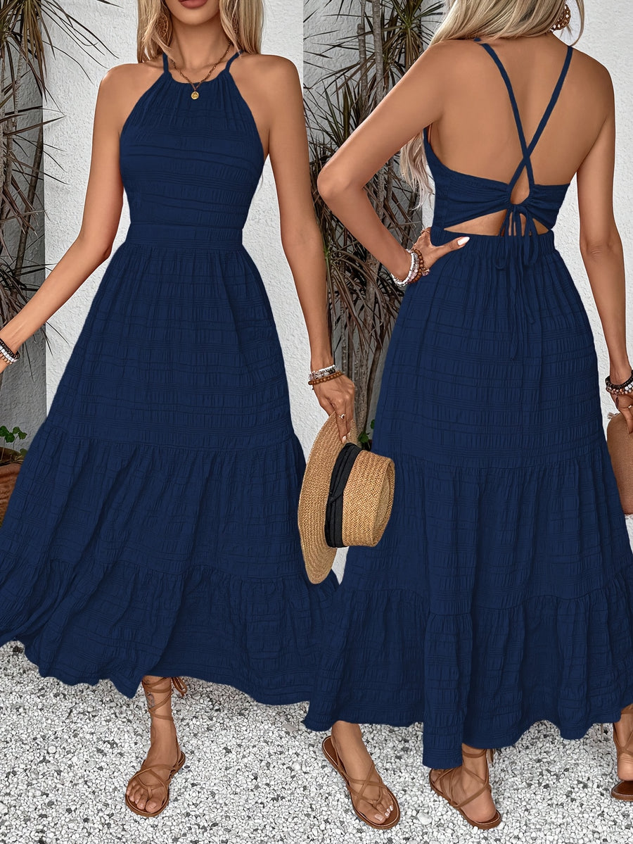 Summer Holiday Vacation Solid Texture Backless Dress, Long Vacation Beach Maxi Dress - Navy Color